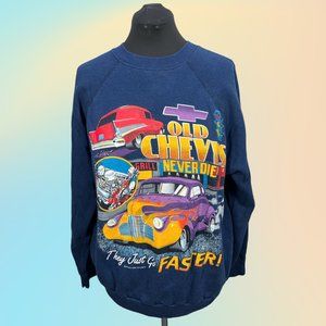 VINTAGE 90's UNISEX Blue Speed Limit Seventy "Old Chevy's Never Die" Pullover